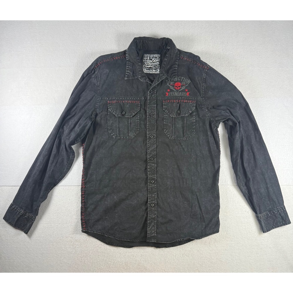 Affliction Black Premium Buckle Mens Shirt Skull Embroidered Moto Black Large